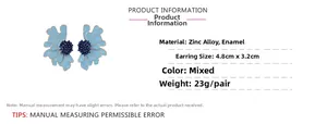 Detailed size specifications and material chart for blue daisy floral drop earrings