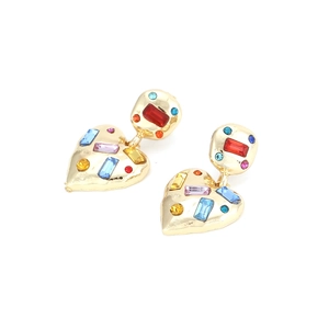 Elegant gold heart drop earrings featuring colorful multifaceted crystal rhinestones