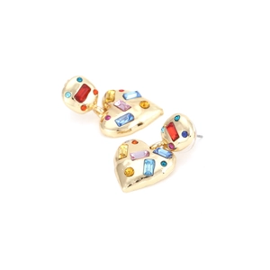 Close-up of heart-shaped gold alloy earrings with vibrant multi-colored rhinestones