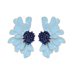 Blue enamel daisy stud earrings with golden edges on white background