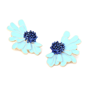 Pastel blue flower earrings with golden edges and navy blue centers on white background