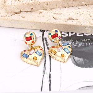 Fashion heart drop earrings with colorful crystals on golden alloy in a stylish setting