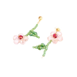 Sweet pink crystal flower drop earrings with handmade green beaded stems in Korean style