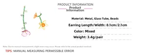 Detailed view of asymmetric resin beaded flower earrings with 8.1cm length and 3.4g weight