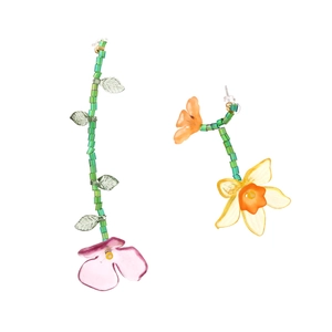 Asymmetric Flower Earrings Resin Plastic Beaded Hand Woven Floral Petal Pastoral Long Vine Alloy Earring Post For Women