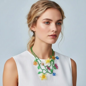 Handmade Beaded Flower Necklace For Women Colorful Resin Floral Vine Style Sweet Vacation Jewelry