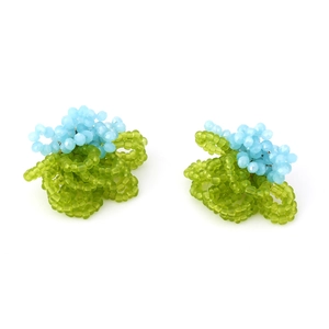 Handmade woven flower stud earrings with light blue and green crystal glass beads