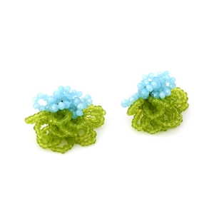 Handmade beaded flower earrings with blue crystal beads and green fringe tassels