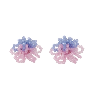 Handmade woven bead flower earrings in pastel pink and blue with crystal accents