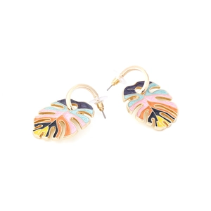 Colorful monstera leaf enamel dangle earrings with gold hooks for summer vacation