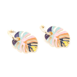 Colorful tropical monstera leaf drop earrings with gold plating and enamel inlay