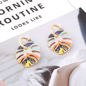 Tropical monstera leaf earrings with multicolor enamel and gold alloy frames