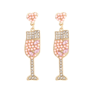 Boucles Oreilles Pendantes Verre Champagne Alliage Strass Perles Cœur Doux Créatif Bijoux Fête Pour Femmes