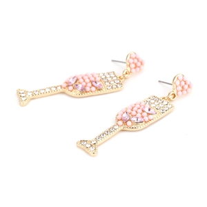 Boucles d'oreilles verre à champagne avec strass roses et perles sur monture dorée