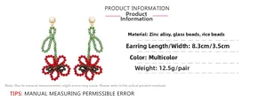Detailed view of handmade beaded flower earrings showing dimensions 8.3x3.5cm and materials