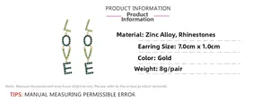 Detailed size chart and specifications for gold LOVE letter earrings with green rhinestones