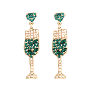 Boucles d'oreilles verres à champagne avec strass verts et perles pour femmes