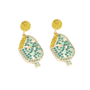 Detailed view of ice cream drop earrings featuring colorful rhinestones and gold plating