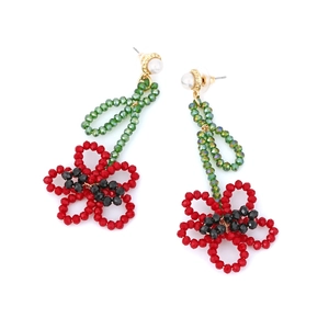 Handmade woven floral drop earrings with red and black crystal beads and pearls