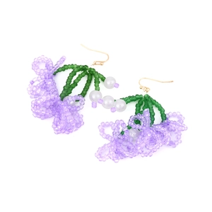 Handmade colorful seed bead flower earrings with green stems and white pearls
