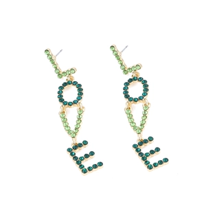 Long LOVE letter drop earrings with green rhinestones and golden finish for women