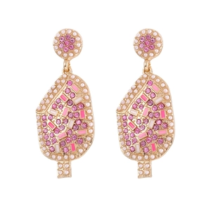 Pink rhinestone ice cream drop earrings with pearls on gold metal base and white background