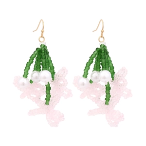 Handmade beaded floral drop earrings with colorful seed beads and white faux pearls