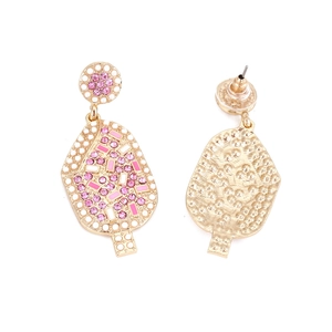 Detailed view of ice cream drop earrings with pink rhinestones and pearl accents