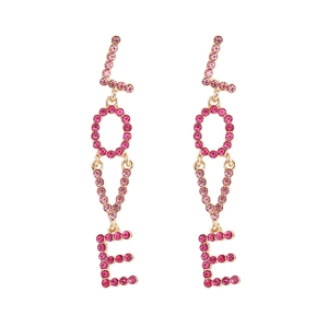 Pink rhinestone LOVE drop earrings with gold-tone base in long vertical dangle style