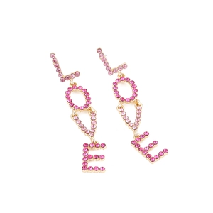 Pink rhinestone LOVE drop earrings with gold metal base for women party style