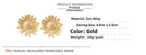 Detailed size and material specs for gold sunflower textured earrings in 4.9cm x 5.0cm