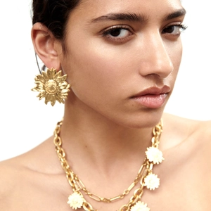 Statement gold sunflower stud earrings and layered link chain necklace set for women