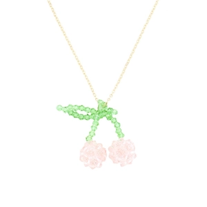 Handmade beaded cherry pendant necklace with pink glass crystals and thin gold chain