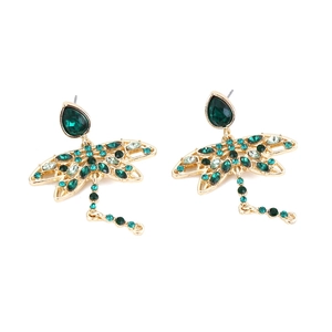 Elegant gold dragonfly drop earrings with vibrant green rhinestones and hollow wing detail