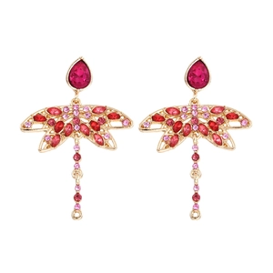 Golden dragonfly drop earrings with pink and red crystals in an elegant hollow design