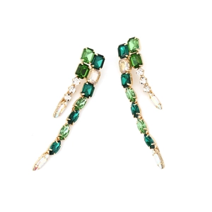 Green long tassel drop earrings with geometric glass crystals in gold alloy setting
