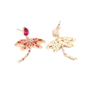 Fashionable hollow alloy dragonfly earrings with colorful rhinestones in golden finish