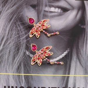 Detailed close-up of dragonfly earrings with red rhinestones on fashion magazine background