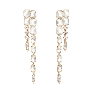 Exaggerated geometric long fringe earrings with colorful rhinestones and gold plating