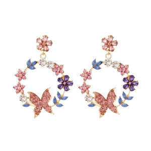 Colorful Rhinestone Butterfly Wreath Dangle Earrings Alloy Floral Retro Bohemian Hoop Drop Jewelry For Women