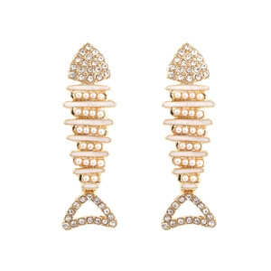 Fish Bone Drop Earrings Creative Alloy Faux Artificial Pearl Rhinestone Enamel Dangle Jewelry For Women Gold Exaggerated Style