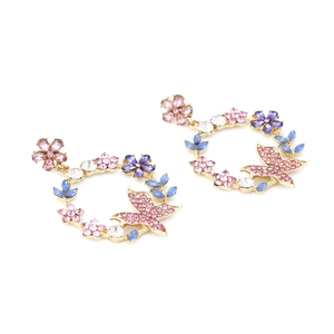 Exaggerated colorful crystal wreath earrings with gold metal butterfly and floral motifs