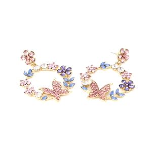Colorful rhinestone flower and butterfly wreath earrings in a gold-plated base