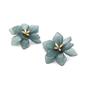 Detailed macro of grey-blue woven resin flower earrings with golden metallic centers