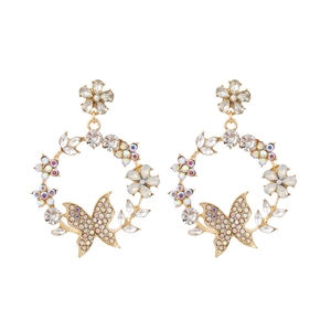 Golden wreath earrings with colorful rhinestones and butterfly charm on white background