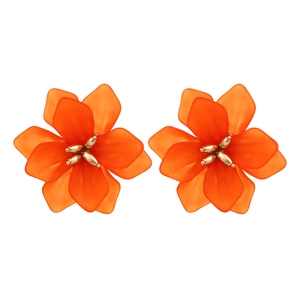 Bohemian orange woven resin flower earrings with gold bead centers on white background