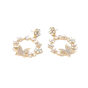 Chic gold alloy wreath earrings with colorful crystals and butterfly flower design
