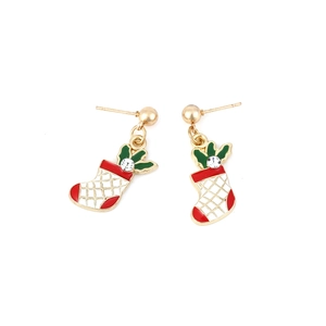Christmas stocking drop earrings in gold alloy with red and white enamel and zircon detail