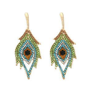 Peacock Feather Drop Earrings Alloy Multicolor Rhinestone Bohemian Exaggerated Dangle Earrings For Women Fashion Jewelry
