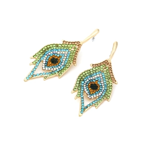 Exaggerated peacock feather earrings with colorful rhinestones on gold base